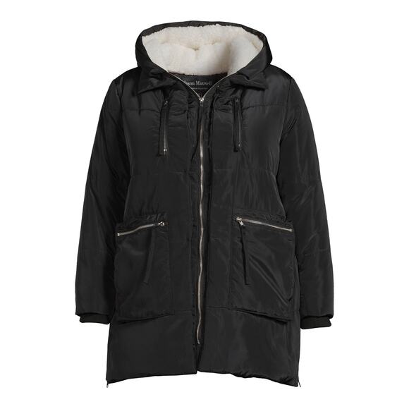 NWT Jason Maxwell Puffer Coat with Faux Shearling Lined Hooded Black Size Small - Picture 1 of 8